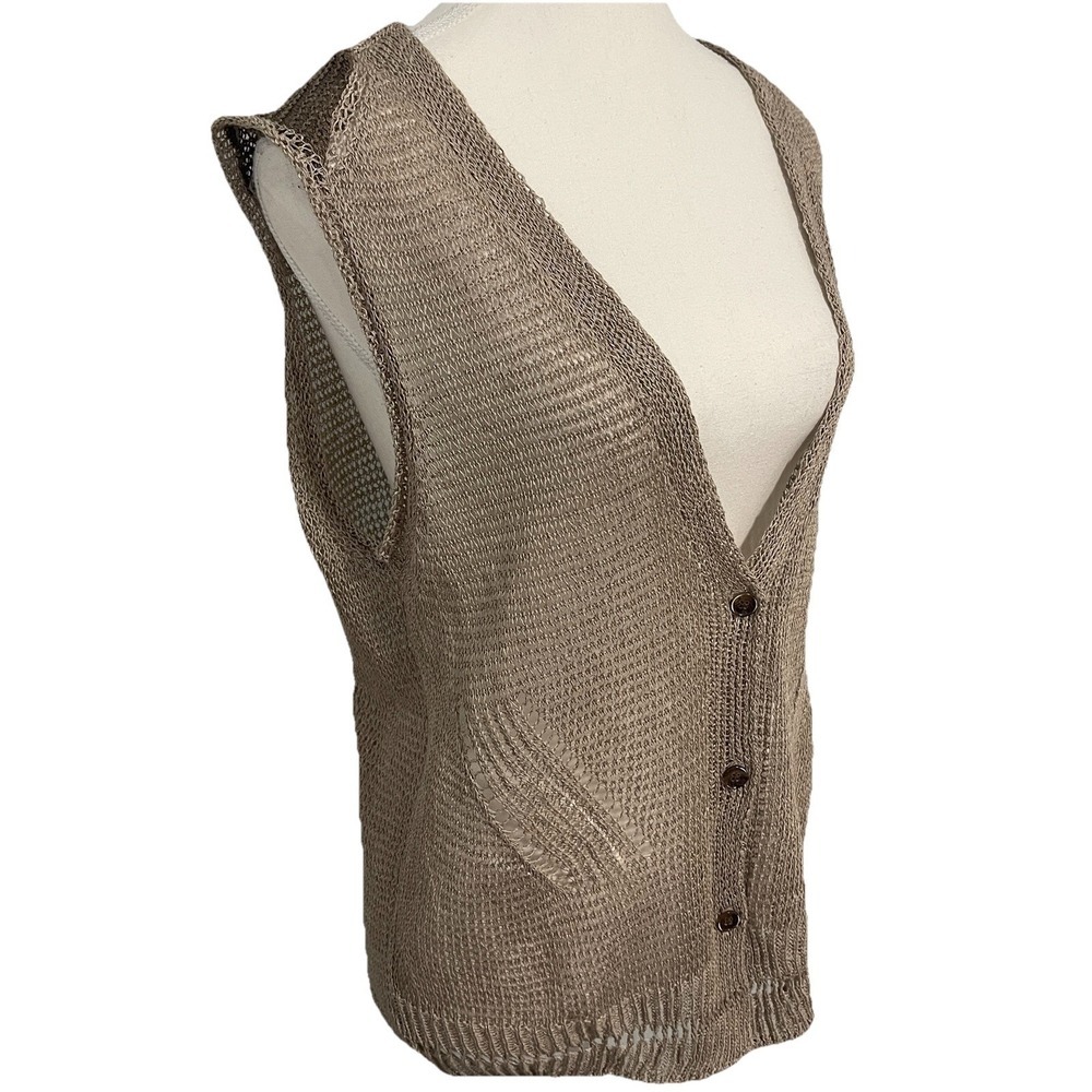 Taupe Brown Open Knit Button Back Sweater Vest Made in Korea Womens F - Picture 2 of 7